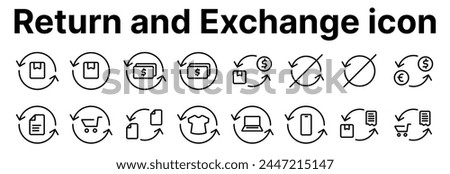 This set of linear icons presents various aspects of finance and the exchange of goods or currency. A round arrow indicates an exchange or return.