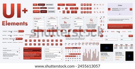 A set of modern red web interface elements designed for the development and design of websites and mobile applications. Includes buttons, icons, navigation elements, slyder, forms.