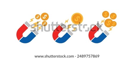 Money magnet with dollar coin icon Set, Magnet attracts gold coin vector icons