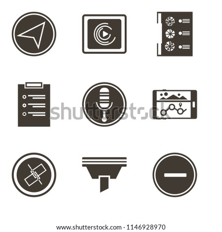 Set Of 9 simple editable icons such as Substract, Funnel, Unlink, Navigation, Microphone, List, Menu, Music player, Paper plane, can be used for mobile, pixel perfect vector icon pack