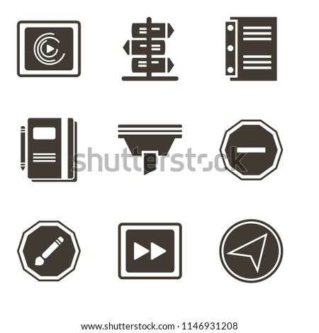 Set Of 9 simple editable icons such as Paper plane, Fast forward, Compose, Minus, Funnel, Notebook, Music player, can be used for mobile, pixel perfect vector icon pack