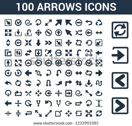 100 arrows universal icons set with Skip Track, Backward Arrow, Enter Left, Loading Arrows, Three Curved Expad Counter Zoom Directions, Exit Top Right, Diagonal Resize