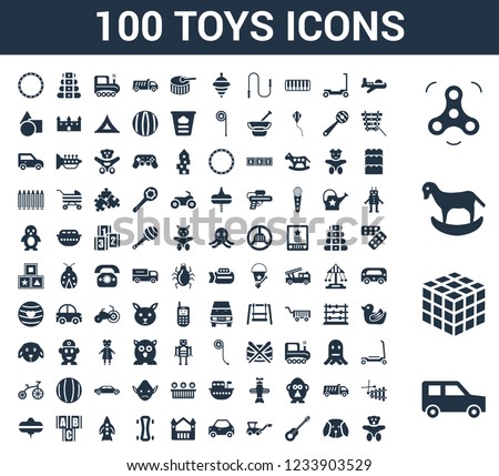 100 Toys universal icons set with Car toy, Thinking game Rocking horse Spinner Plane Puppy Guitar Digger Bouncy castle toy