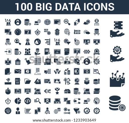 100 big data universal icons set with Data, Encryption, Value, Available, Server, Efficiency, Filter, Technical Support, Big data, Users