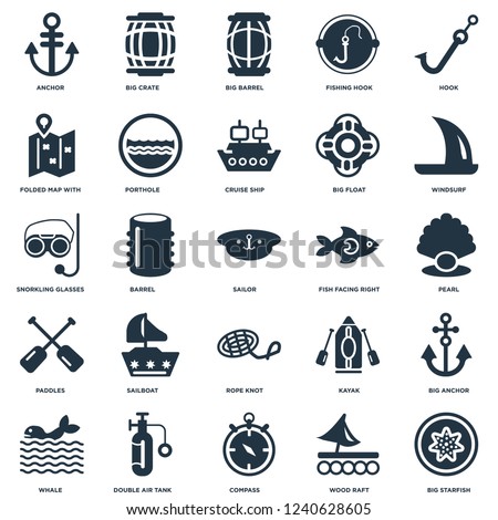 Elements Such As Big Starfish, Pearl, Windsurf, Crate, Whale, Porthole, Kayak, Snorkling Glasses icon vector illustration on white background. Universal 25 icons set.