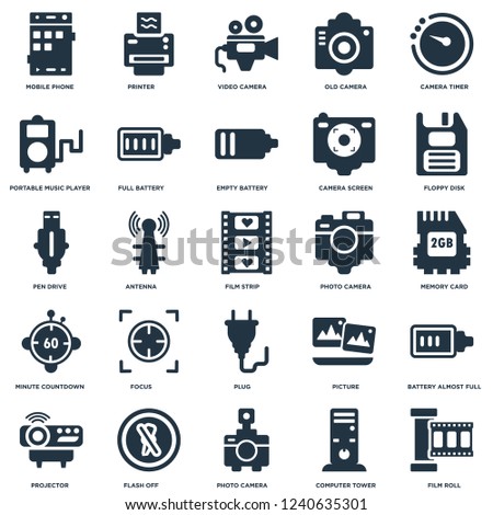 Elements Such As Film Roll, Memory Card, Floppy Disk, Printer, Projector, Full Battery, Picture, Pen Drive icon vector illustration on white background. Universal 25 icons set.