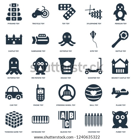 Elements Such As Furby toy, Bouncy castle Rattle Tricycle Thinking game Submarine Ball Octopus toy icon vector illustration on white background. Universal 25 icons set.