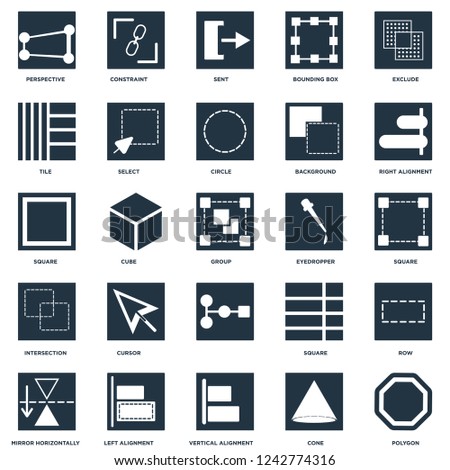 Elements Such As Polygon, Square, Right alignment, Constraint, Mirror horizontally, Select, Square icon vector illustration on white background. Universal 25 icons set.