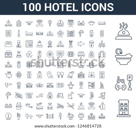 100 Hotel universal linear icons set with Building, Parking, Bathtub, Meal, Air conditioner, Television, Reception, Room key, Restaurant