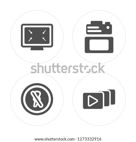 4 Screen Grid, Flash Off, Camera Screen, Video File List modern icons on round shapes, vector illustration, eps10, trendy icon set.