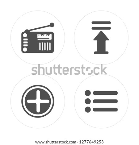 4 Old Radio with Antenna, Plus Button, Upload Arrow Bar, Menu Bars modern icons on round shapes, vector illustration, eps10, trendy icon set.