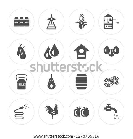 16 Milk, Windmill, Rooster, Hose, Orange, Faucet, Pear, Bird house modern icons on round shapes, vector illustration, eps10, trendy icon set.
