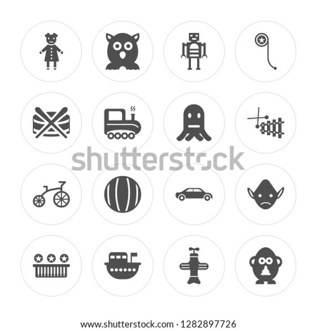 16 Doll toy, Furby Boat Piano Troll Mr potato Drum Tricycle Octopus toy modern icons on round shapes, vector illustration, eps10, trendy icon set.
