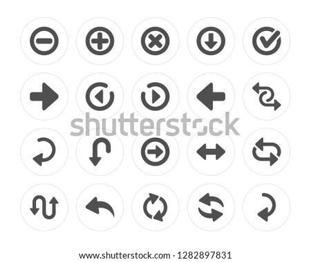 20 Delete, Add, Loop Arrows, Curved Left Arrow, Confirm, arrow, Right Circling Arrow modern icons on round shapes, vector illustration, eps10, trendy icon set.