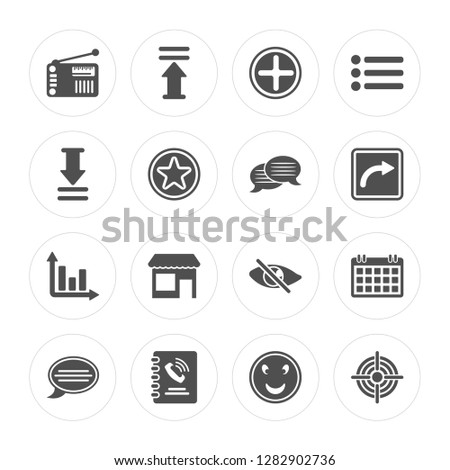 16 Old Radio with Antenna, Upload Arrow Bar, Call Contact, Message Ballon, Calendar Checked, Target Circle modern icons on round shapes, vector illustration, eps10, trendy icon set.