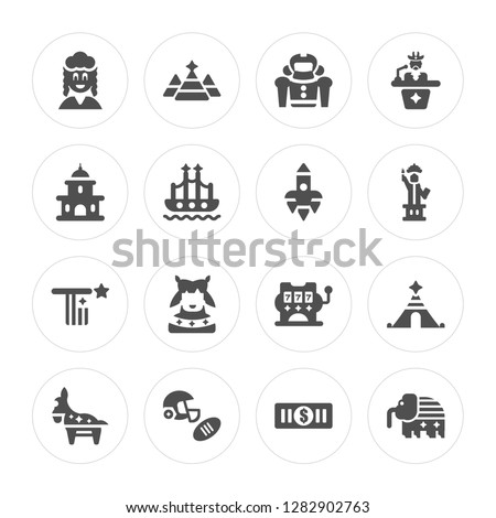 16 Indian, Pyramid, Football, Donkey, Tent, Elephant, Capitol, Flag, Spaceship modern icons on round shapes, vector illustration, eps10, trendy icon set.