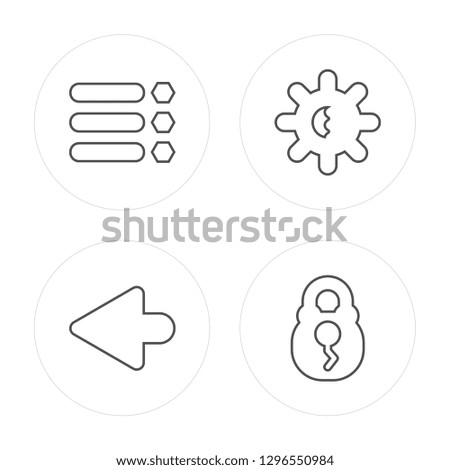 4 line List, Left arrow, Brightness, Padlock modern icons on round shapes, List, Left arrow, Brightness, Padlock vector illustration, trendy linear icon set.