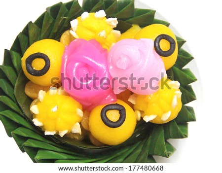 Layer Sweet Cake, gold egg yolks drops, sergeant pastry crown , Thai dessert in banana leave vessel