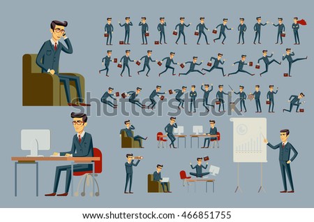 Set of businessman icons depicting a man working at desk to a deadline public speaking on a megaphone doing a presentation his career taking off like a rocket or an inspirational idea vector art