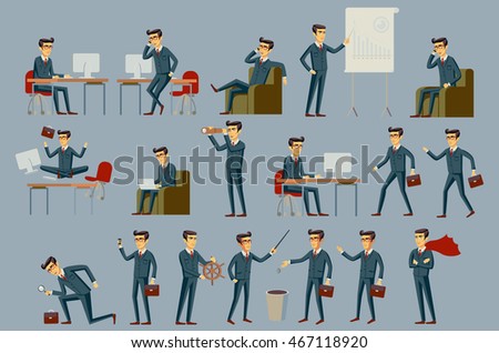 Set of businessman icons depicting a man working at desk to a deadline public speaking on a megaphone doing a presentation his career taking off like a rocket or an inspirational idea vector art