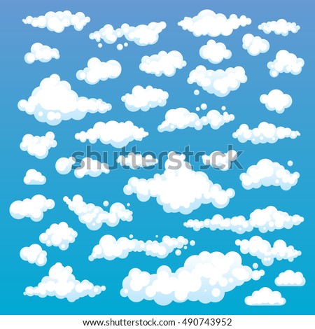Cartoon Clouds Set On Blue Sky Background. Set of funny cartoon clouds, smoke patterns and fog icons, for filling your sky scenes or ui games backgrounds. Vector art