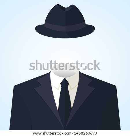 Anonymous or invisible man in a suit and in a fedora hat. Flat style colorful vector concept illustration icon on light blue background.