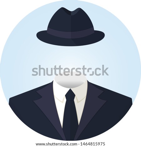 Anonymous or invisible man in a suit and in a hat. Flat style vector round avatar illustration icon isolated on white.