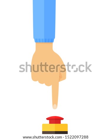 Hand in blue jacket pushing or pressing the big mushroom emergency stop switch station red button. Side view. Flat style vector concept illustration isolated on white background.