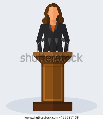 Politician woman standing behind rostrum and giving a speech. Vector flat style colorful illustration