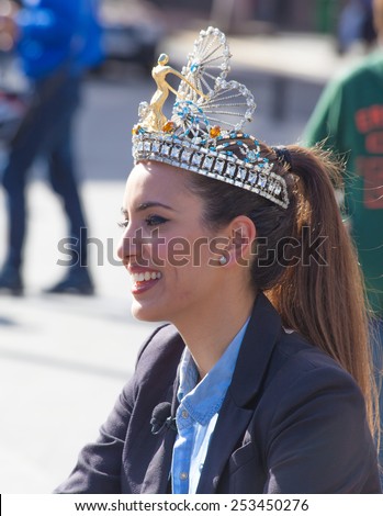 LAS PALMAS - February 14: Carnival queen answers the reporters before the main parade, February 14, 2015 in Las Palmas, Gran Canaria, Spain