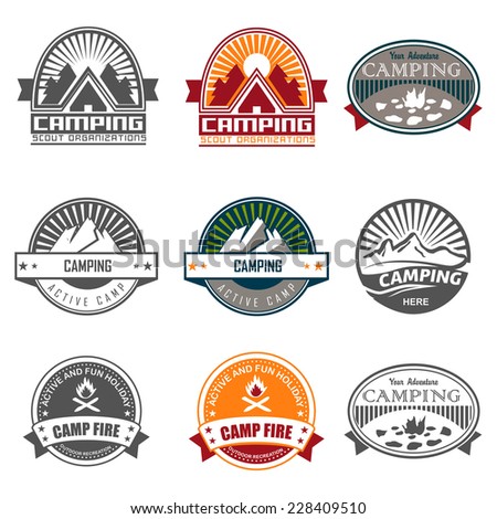 Set of retro badges and label logo graphics. Camping badges and travel logo emblems