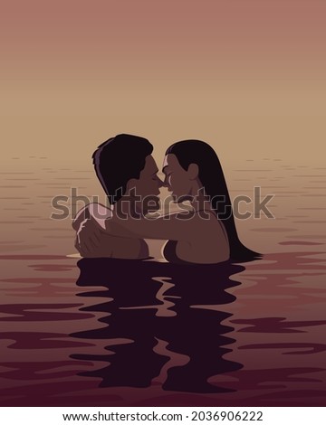 An illustration of a romantic couple in water. Man and a woman is about to kiss in sea at beautiful warm dawn. Vector flat style art

