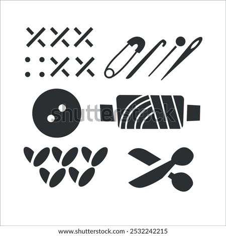 Vector set of sewing tools and accessories icons, monochromatic button, needles, safety pin, scissors, thread, and stitched patterns. For crafting projects, sewing-themed designs, or fabric-related co