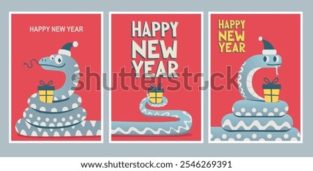 Chinese New Year 2025 greeting card template with snakes in hat and with yellow gift box, hand drawn lettering text saying Happy New Year. Retro mid-century style, vector vintage style