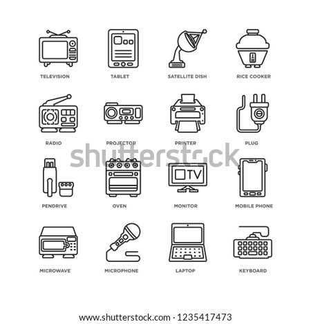 Set Of 16 Electronic Devices linear icons such as Keyboard, Laptop, Microphone, Microwave, Mobile phone, Television, Radio, Pendrive, Printer, editable stroke icon pack, pixel perfect