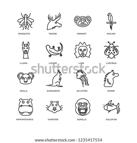 Set Of 16 animals linear icons such as Goldfish, Gorilla, Hamster, Hippopotamus, Horse, Mosquito, Llama, Koala, Lion, editable stroke icon pack, pixel perfect
