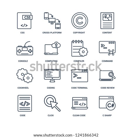 C sharp, Clean code, Click, Code, Code review, Css, Console, Cogwheel, Compiler outline vector icons from 16 set
