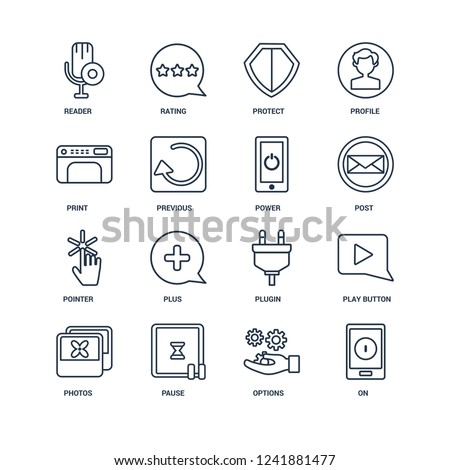 On, Options, Pause, Photos, Play Button, Reader, Print, Pointer, Power outline vector icons from 16 set