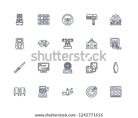 Bingo, Dart, Bowling pins, Slot machine, Cinema seat, Carousel, Mall, Lottery game, Lightsaber, Playing cards, Steering wheel outline vector icons from 20 set