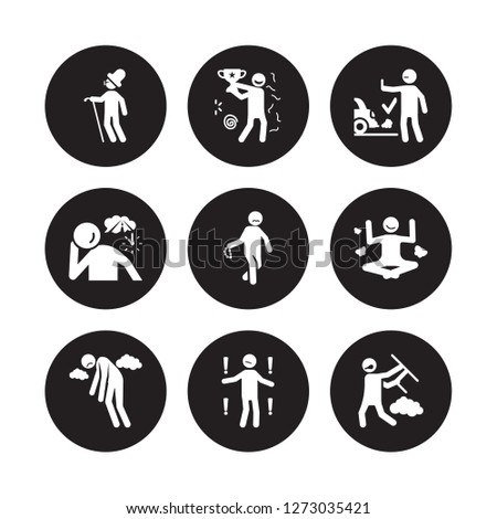 9 vector icon set : optimistic human, old miserable motivated nervous OK nostalgic meh human isolated on black background