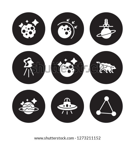 9 vector icon set : Moon, aerosphere, Uranus, Ursa major, Venus, aerospace, aerolite, UFO isolated on black background