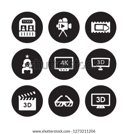 9 vector icon set : box office, Author, 3D Movie, Television, 4k, animation, actress, 3d glasses isolated on black background