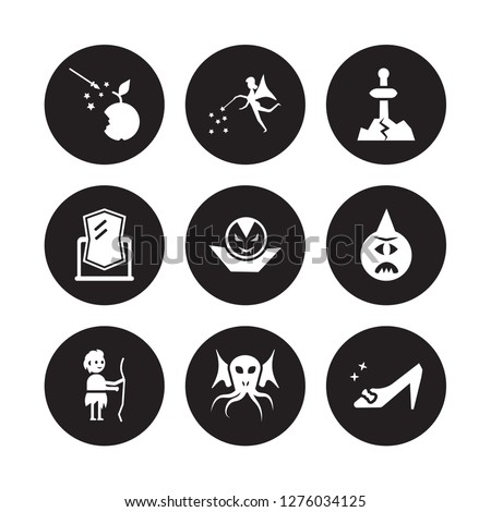 9 vector icon set : Fairy tale, Fairy, Curupira, Cyclops, Dracula, Excalibur, Enchanted mirror, Cthulhu isolated on black background Imagine de stoc © 