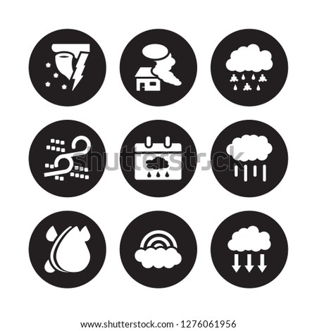 9 vector icon set : Snow storms, Smog, Raindrops, Rainfall, Rainy Day, Sleet, Sand Rainbow isolated on black background