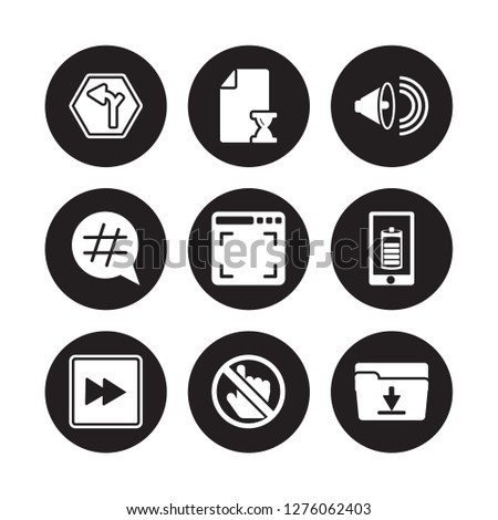 9 vector icon set : Horizontal alignment, History, Forward, Full battery, screen, High Volume, Hashtag, Forbbiden isolated on black background