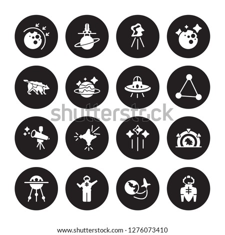 16 vector icon set : aerosphere, Space travel, Spaceman, Sputnik, Stargate, suit, Ursa major, Telescope, UFO isolated on black background