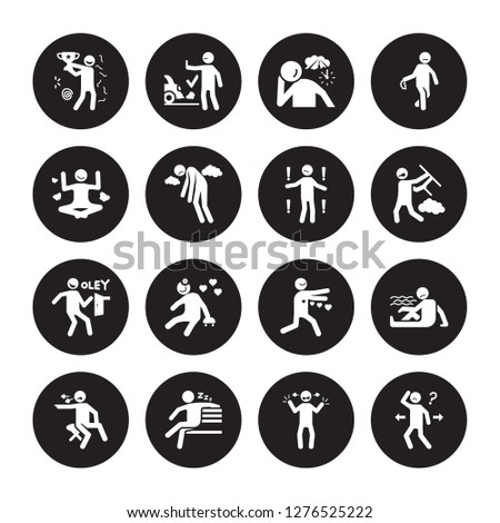 16 vector icon set : old human, irritated lazy lonely lost inspi motivated lucky meh human isolated on black background