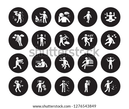 20 vector icon set : old human, impatient in love incomplete inspi motivated lucky lonely loved meh human isolated on black background