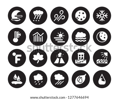 20 vector icon set : Haze, dew, Downpour, Drizzle, Drops, Frost, Foggy, Eruption, Farenheit, Forecast, Gust isolated on black background