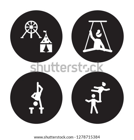 4 vector icon set : Amusement park, Acrobatics, Aerialist, Acrobat isolated on black background